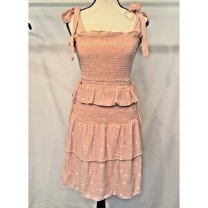Storia Rose With Stars Tiered Mini‎ Dress Sz M Smocked Tied Straps